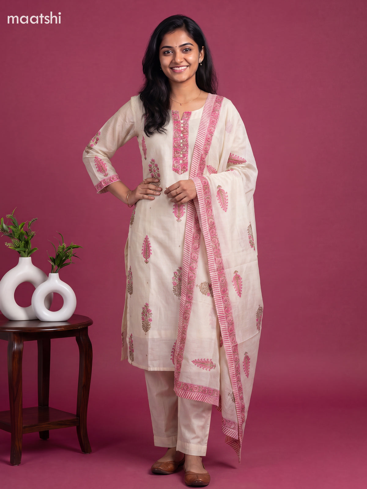 Off White and Pink Chanderi Printed & Simple Embroidery Work Straight Suit