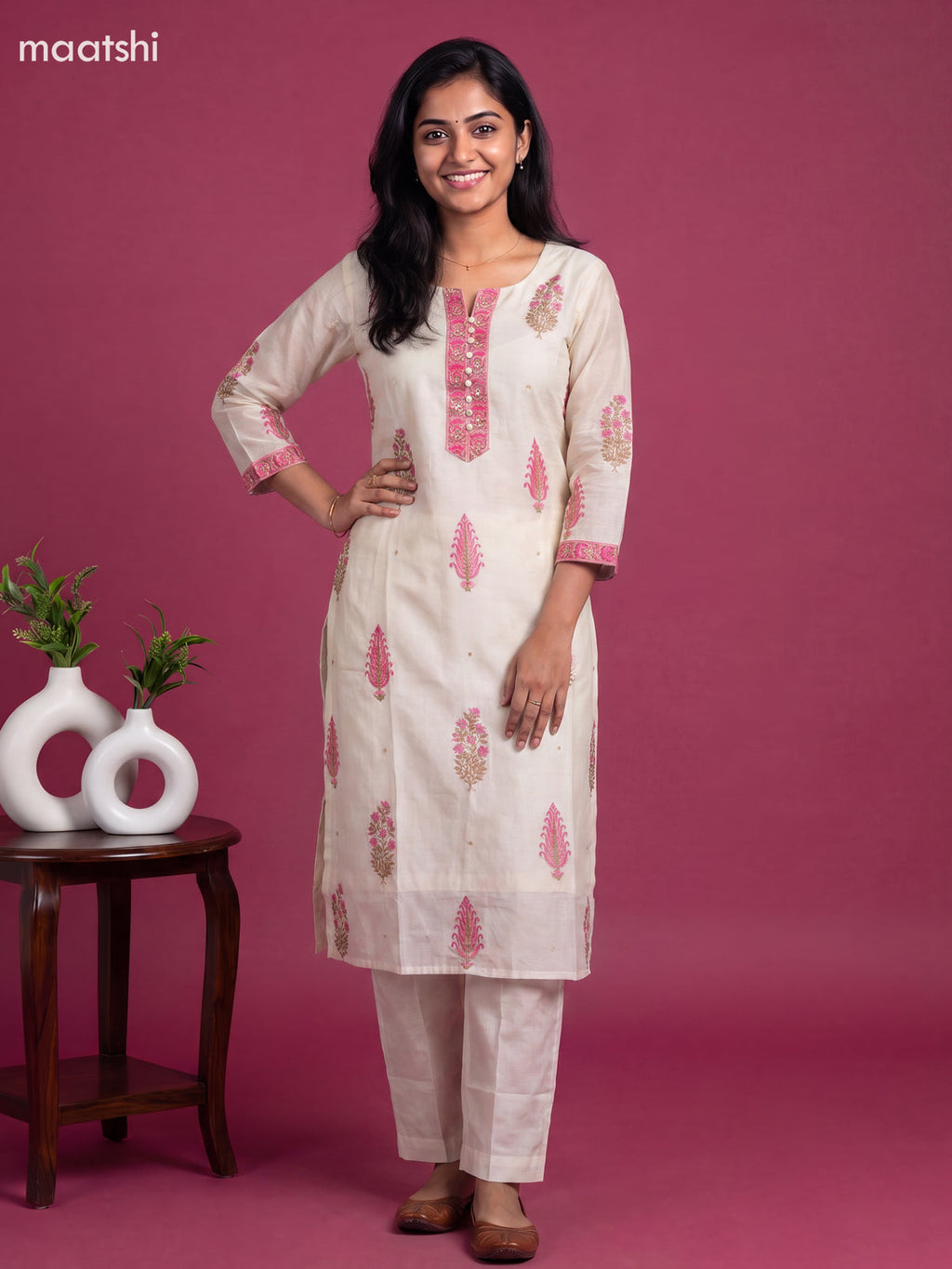 Off White and Pink Chanderi Printed & Simple Embroidery Work Straight Suit