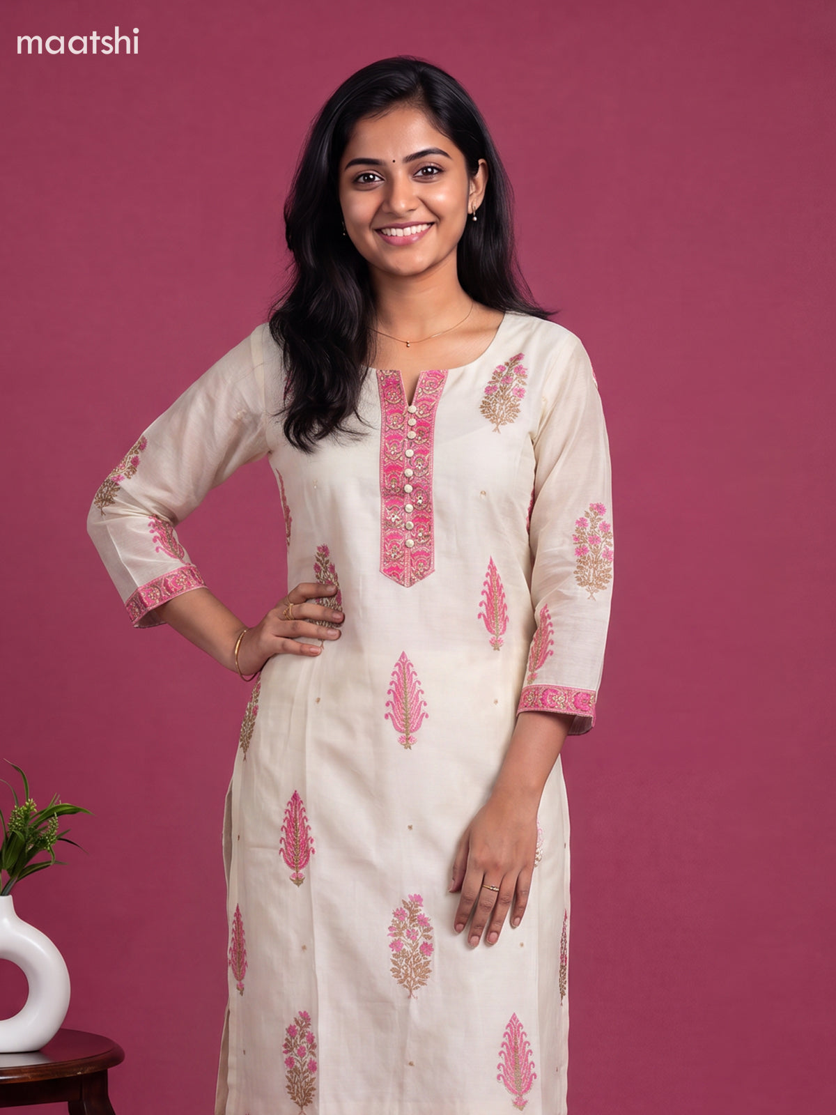 Off White and Pink Chanderi Printed & Simple Embroidery Work Straight Suit