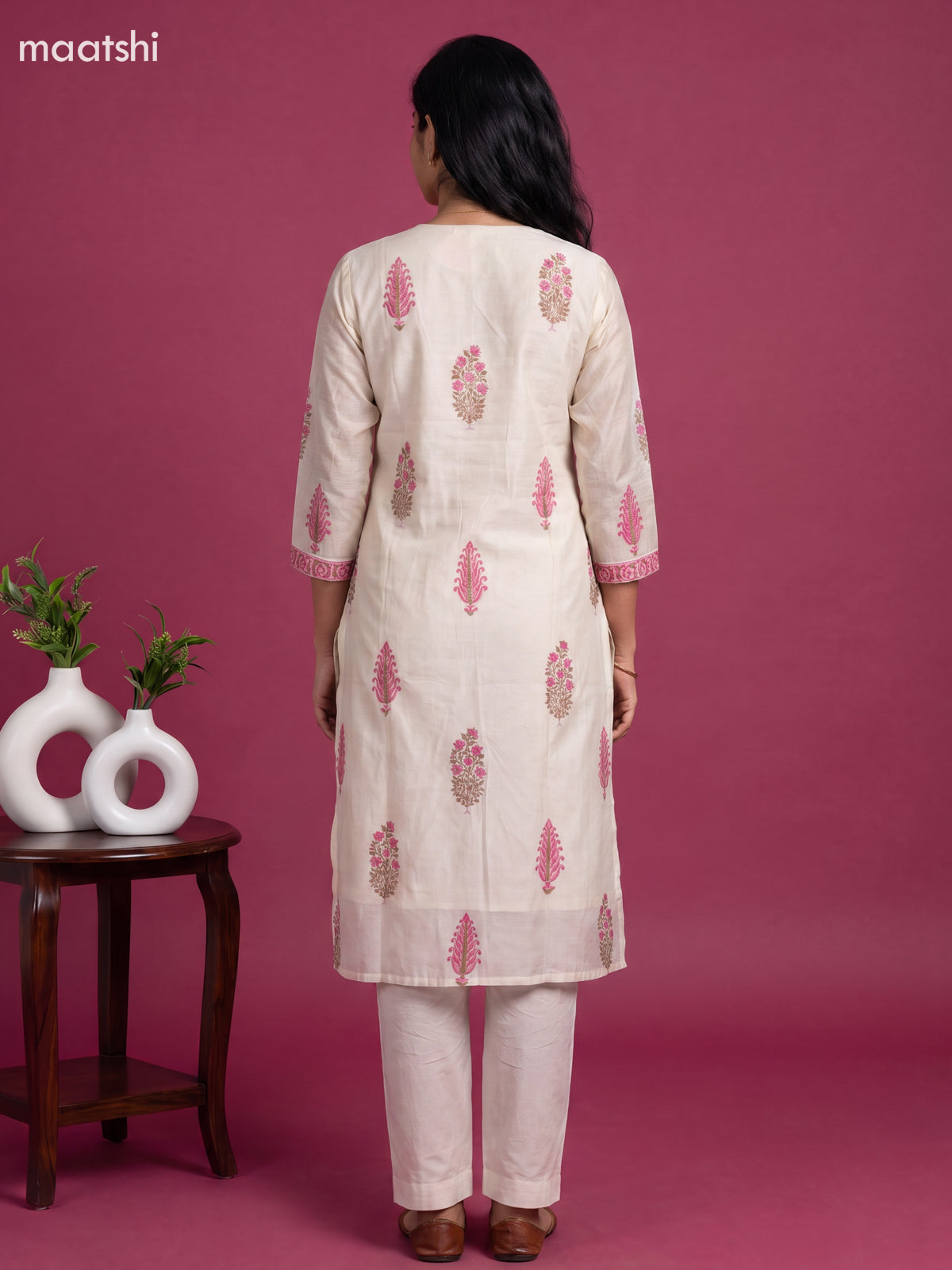 Off White and Pink Chanderi Printed & Simple Embroidery Work Straight Suit
