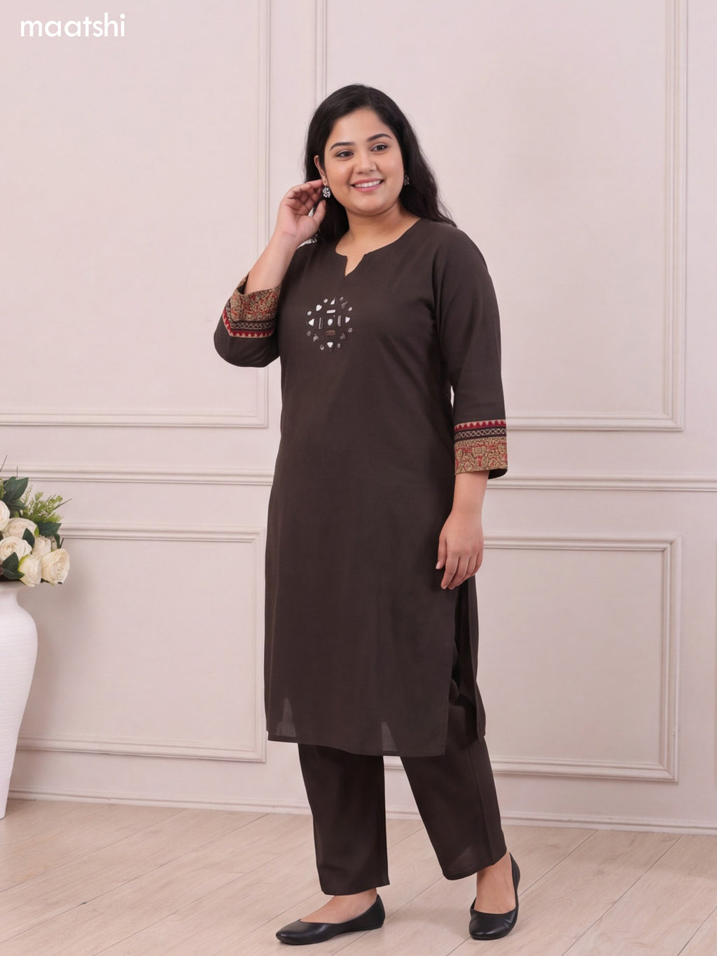 Dark Olive Green Cotton Embroidery Mirror Work Kurti Set