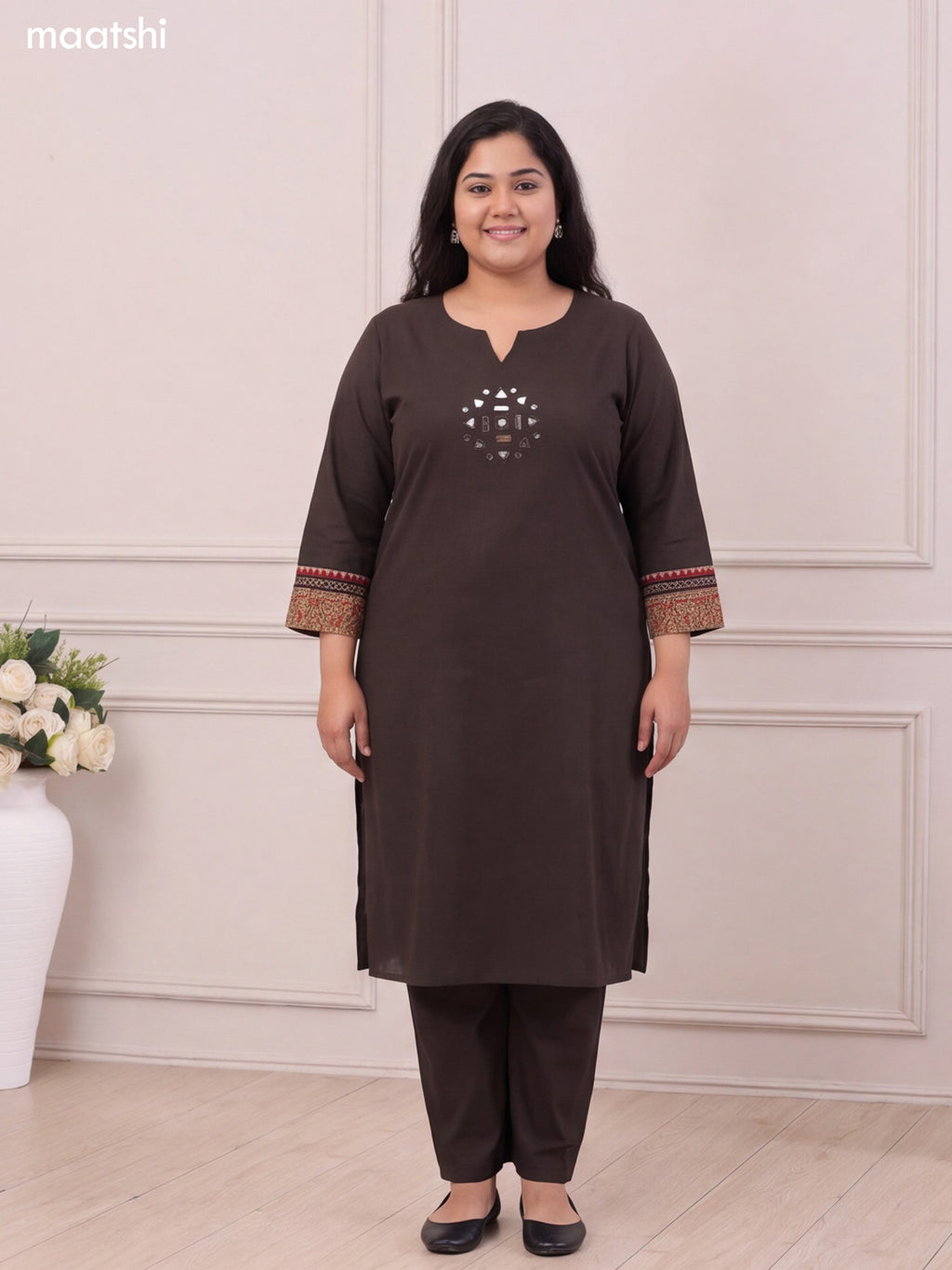 Dark Olive Green Cotton Embroidery Mirror Work Kurti Set