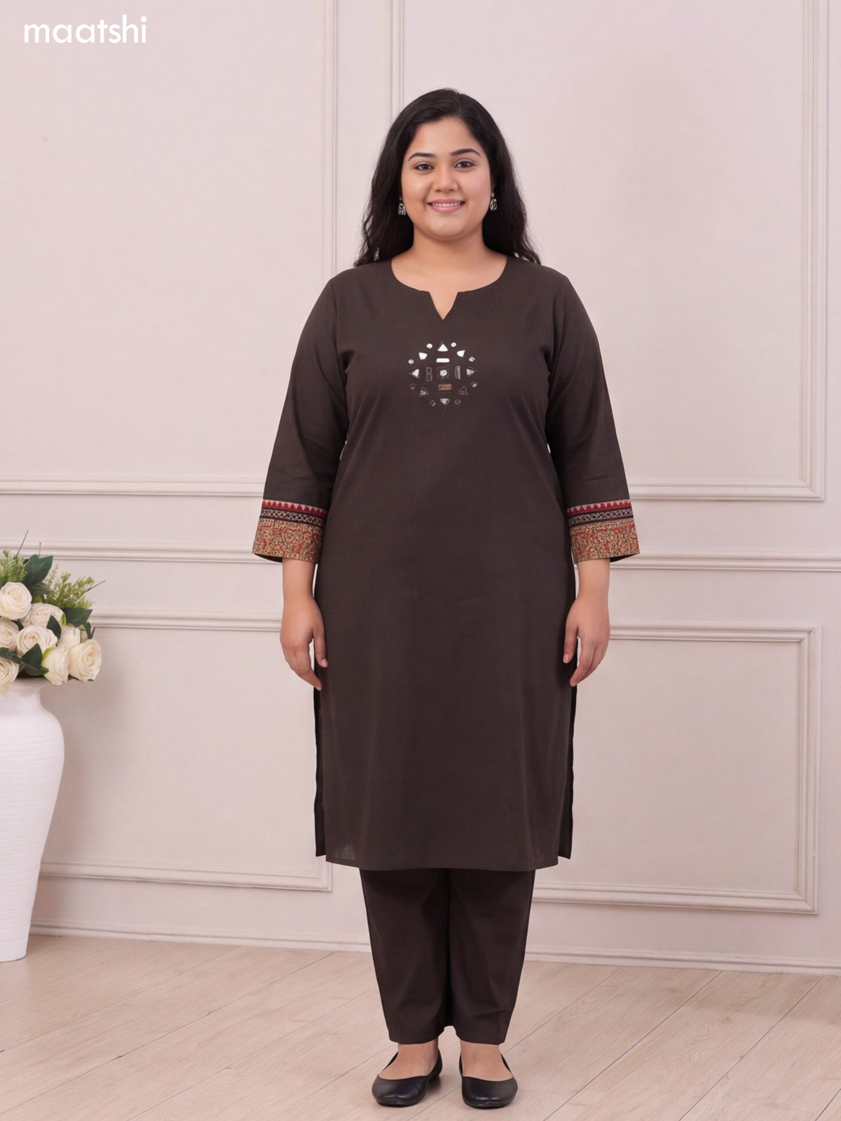 Dark Olive Green Cotton Embroidery Mirror Work Kurti Set