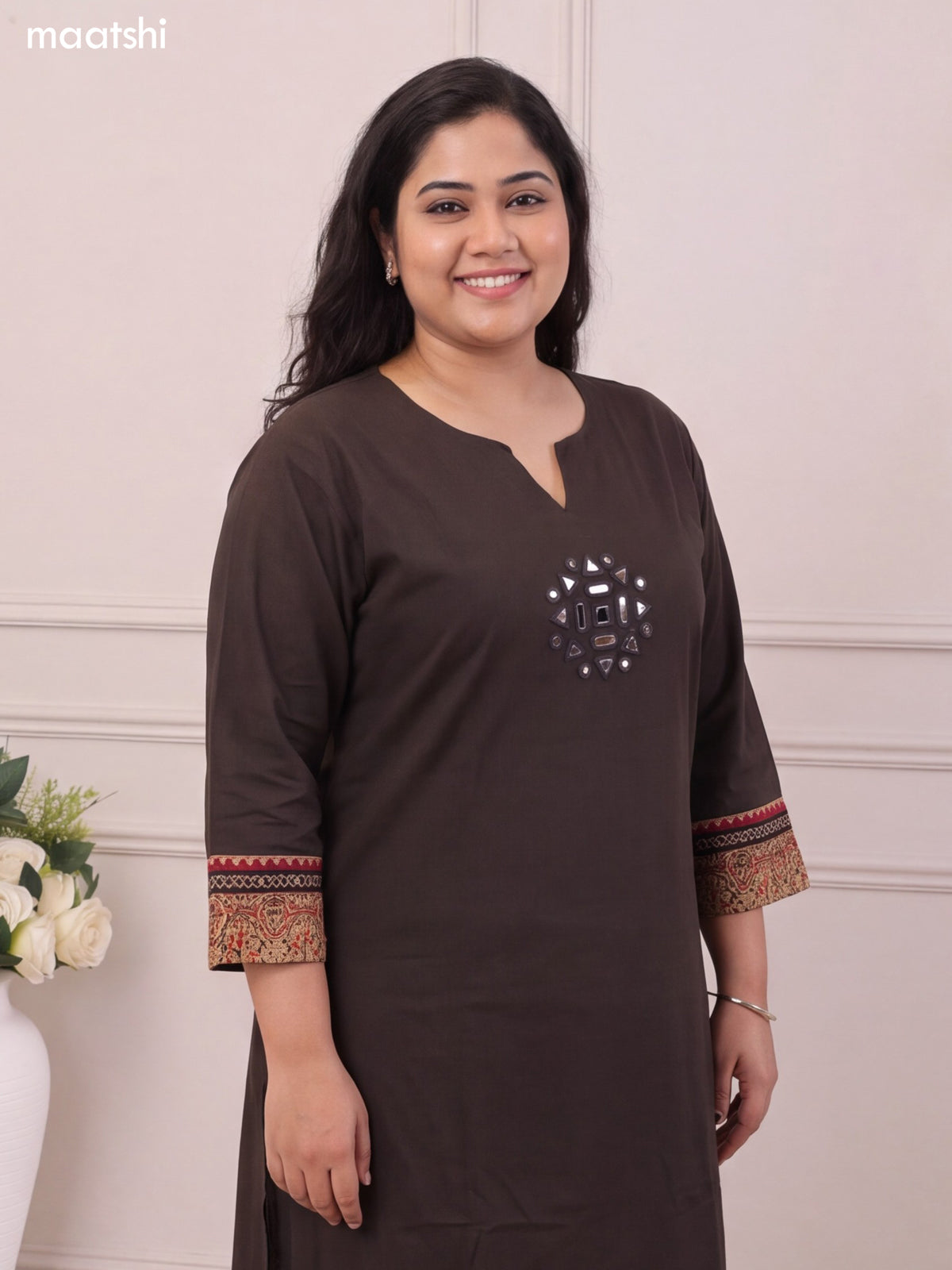 Dark Olive Green Cotton Embroidery Mirror Work Kurti Set