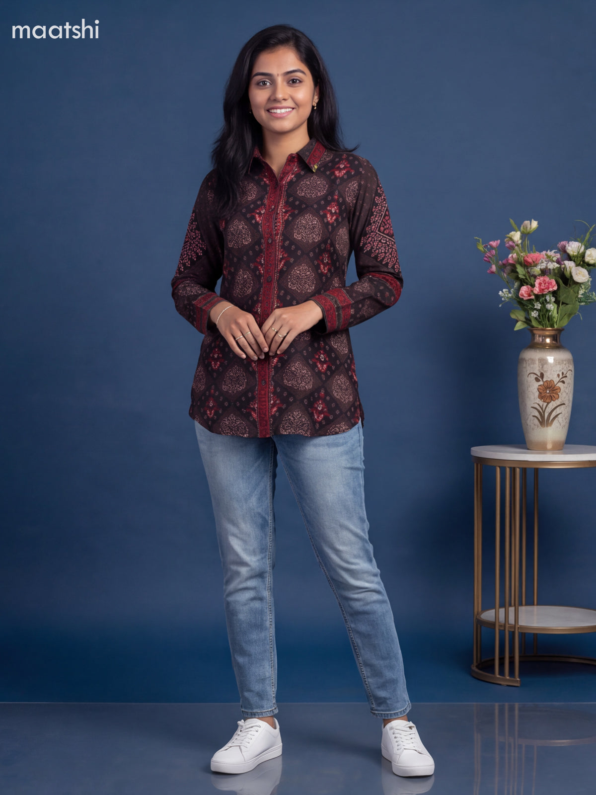 Brown Crepe Silk Ajrakh Printed Women'S Shirt