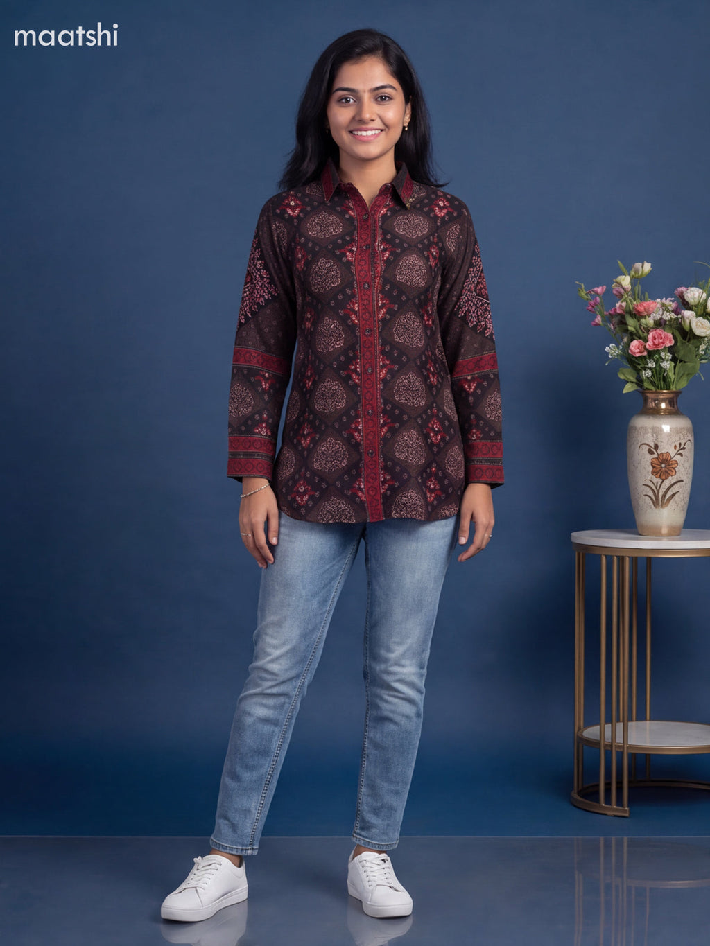 Brown Crepe Silk Ajrakh Printed Women'S Shirt