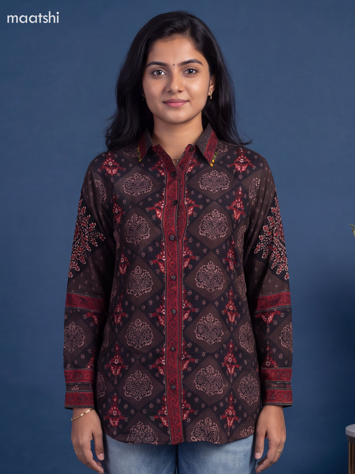Brown Crepe Silk Ajrakh Printed Women'S Shirt