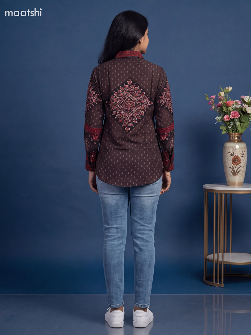 Brown Crepe Silk Ajrakh Printed Women'S Shirt