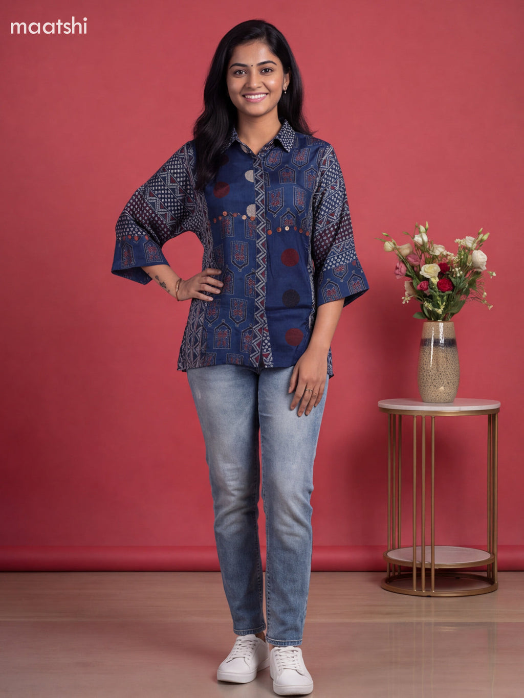 Blue Crepe Silk Ajrakh Printed Womens Shirt