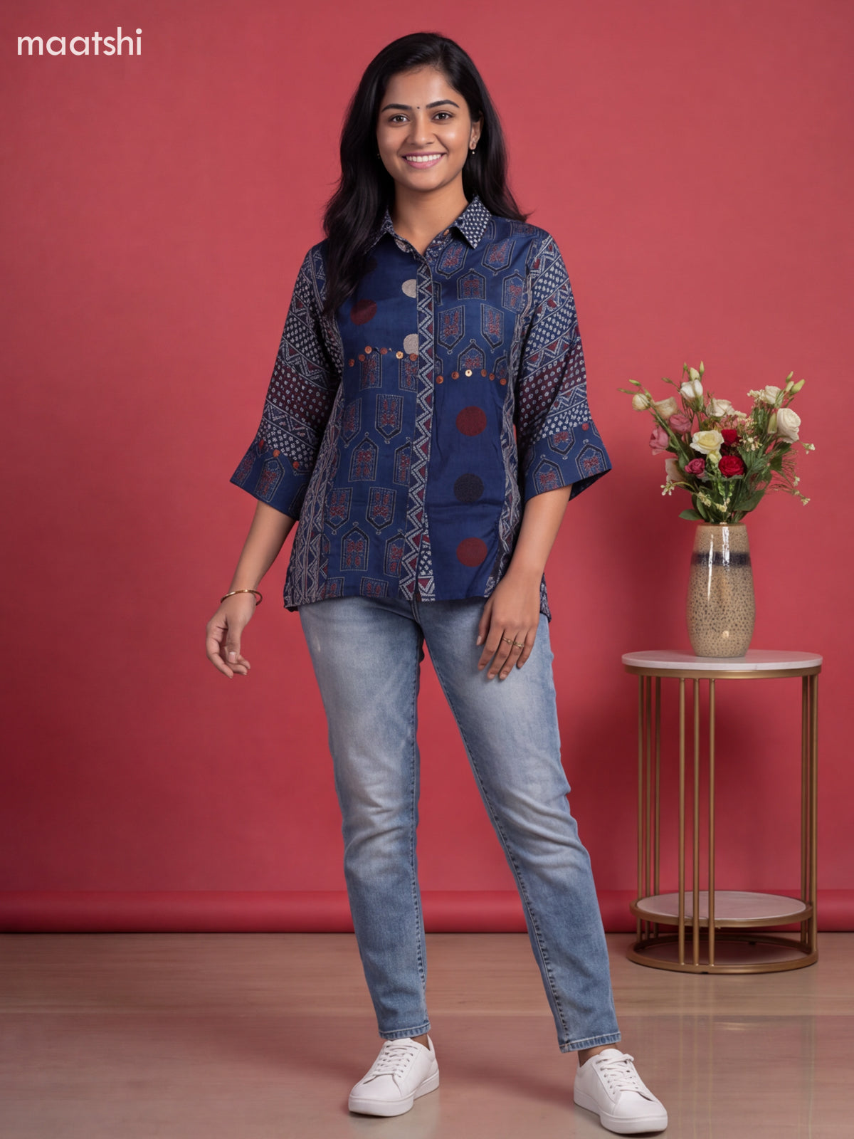 Blue Crepe Silk Ajrakh Printed Womens Shirt