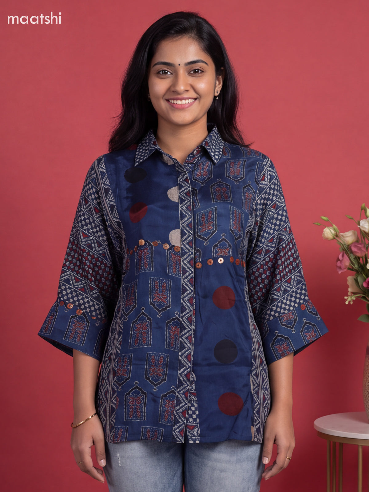Blue Crepe Silk Ajrakh Printed Womens Shirt