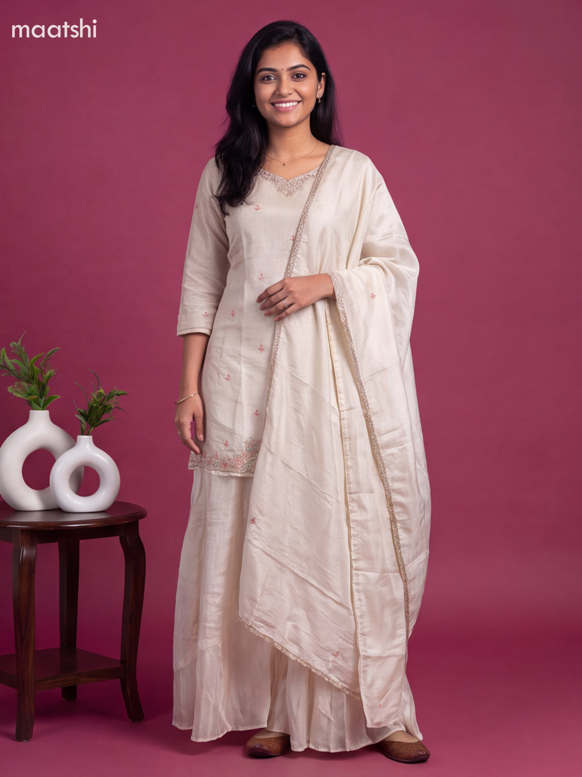 Cream Tissue Embroidery Work Short Straight Suit