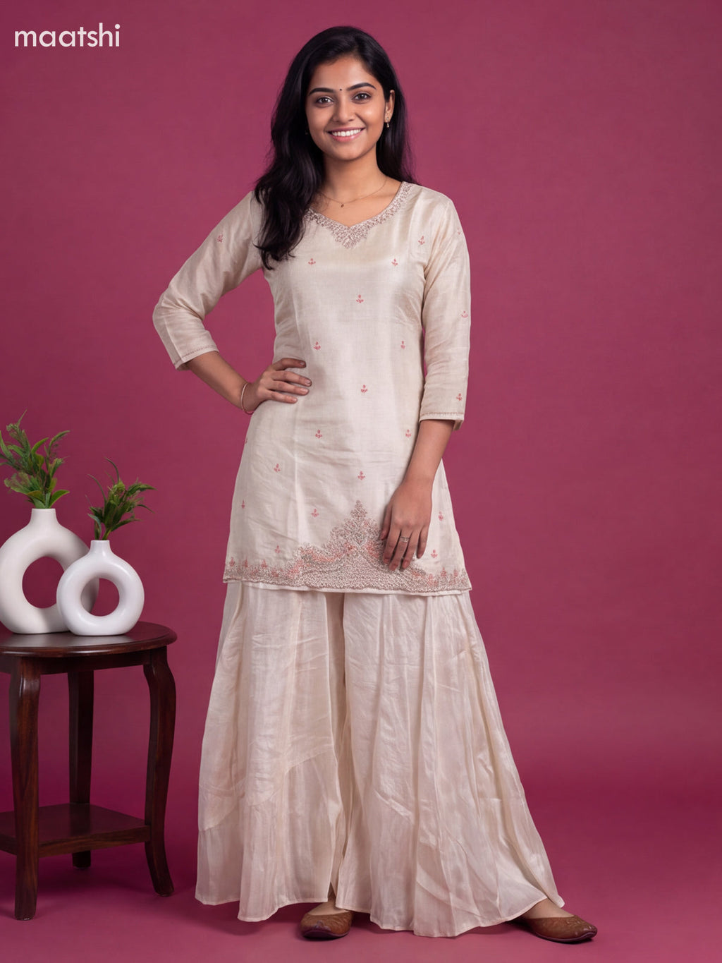 Cream Tissue Embroidery Work Short Straight Suit