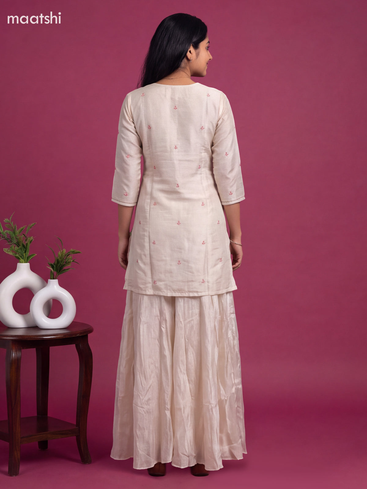 Cream Tissue Embroidery Work Short Straight Suit