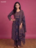 Dark Blue Cotton Floral Printed Anarkali Suit