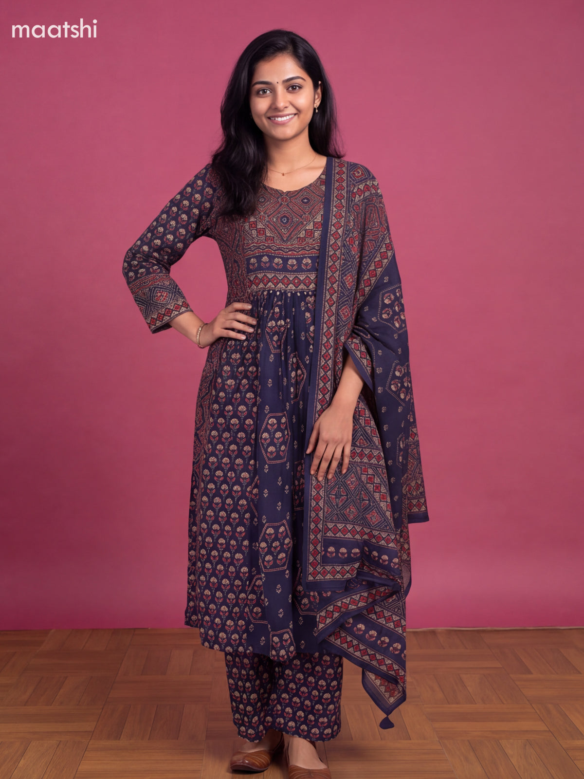 Dark Blue Cotton Floral Printed Anarkali Suit
