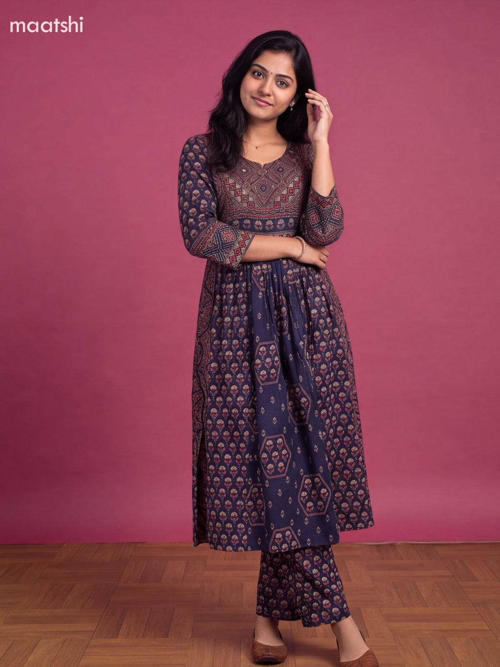 Dark Blue Cotton Floral Printed Anarkali Suit