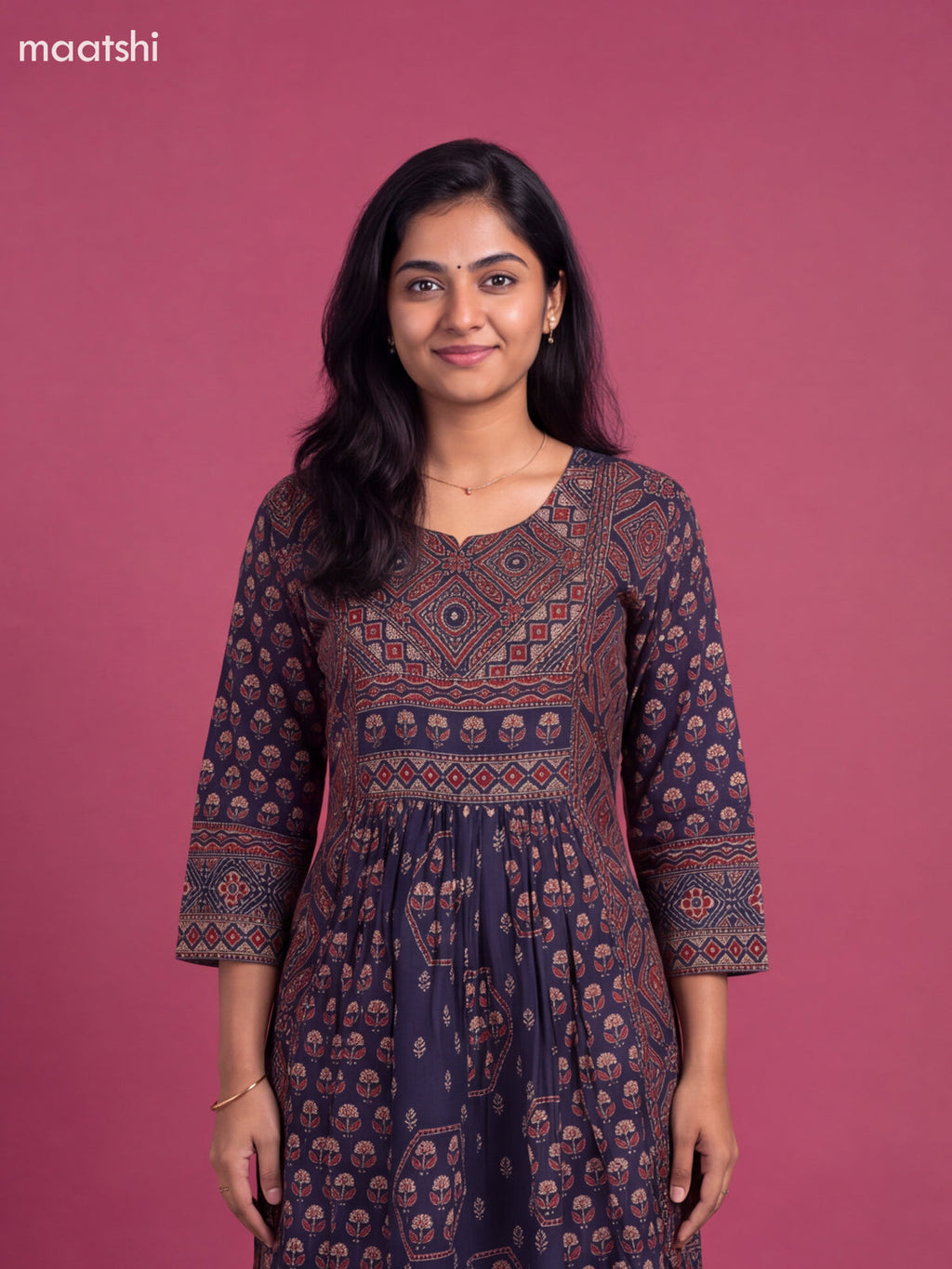 Dark Blue Cotton Floral Printed Anarkali Suit