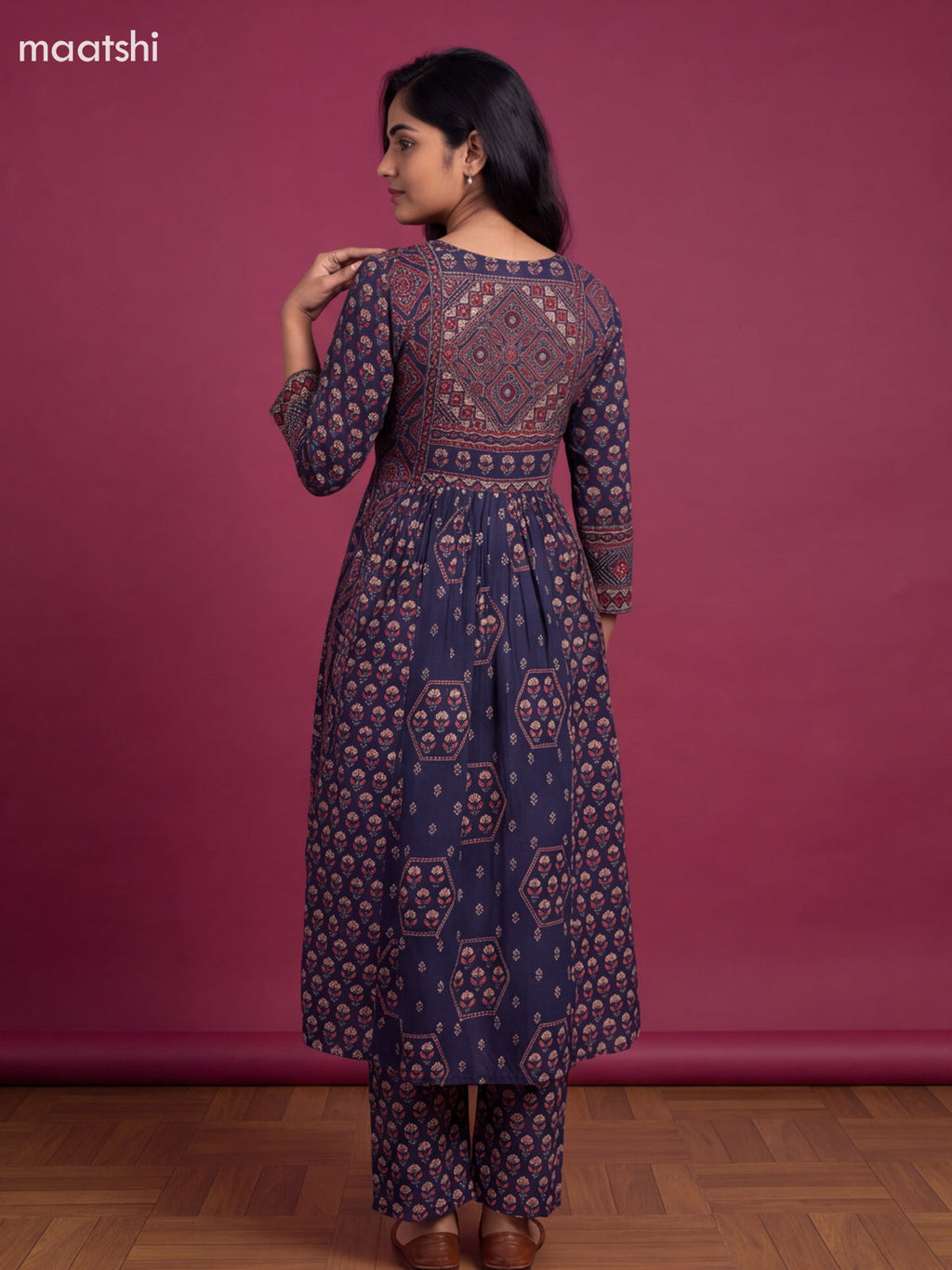 Dark Blue Cotton Floral Printed Anarkali Suit