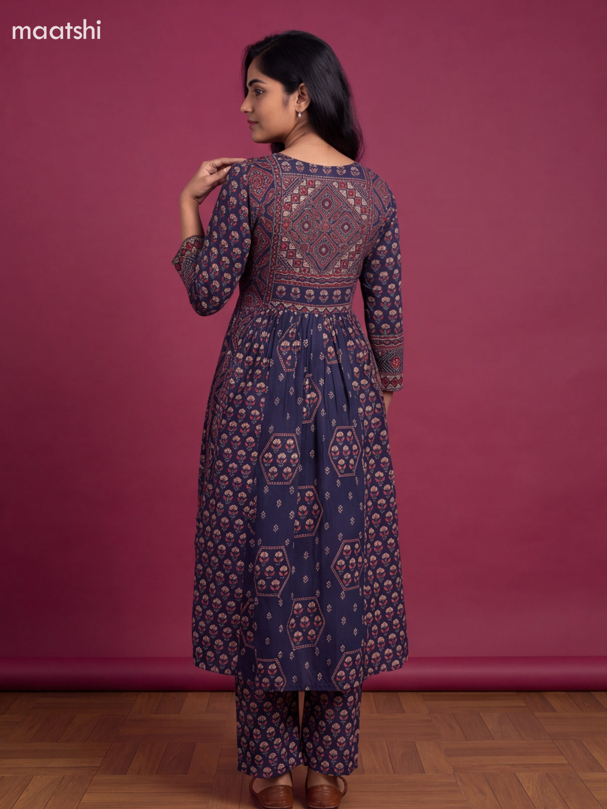 Dark Blue Cotton Floral Printed Anarkali Suit