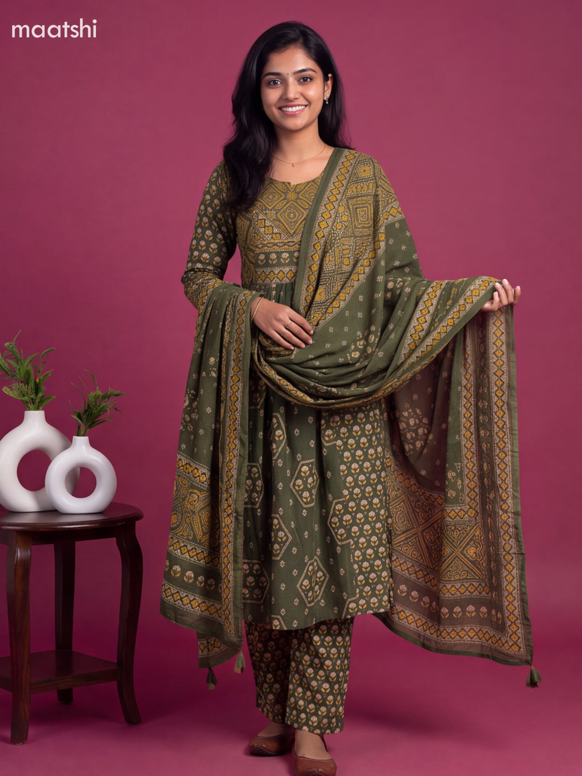 Green Cotton Floral Printed Anarkali Suit