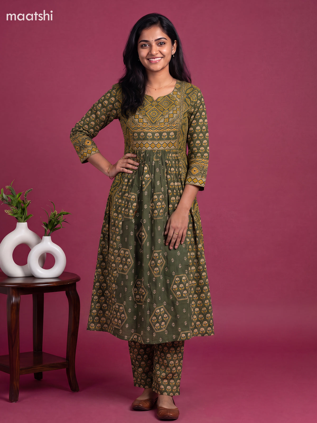 Green Cotton Floral Printed Anarkali Suit