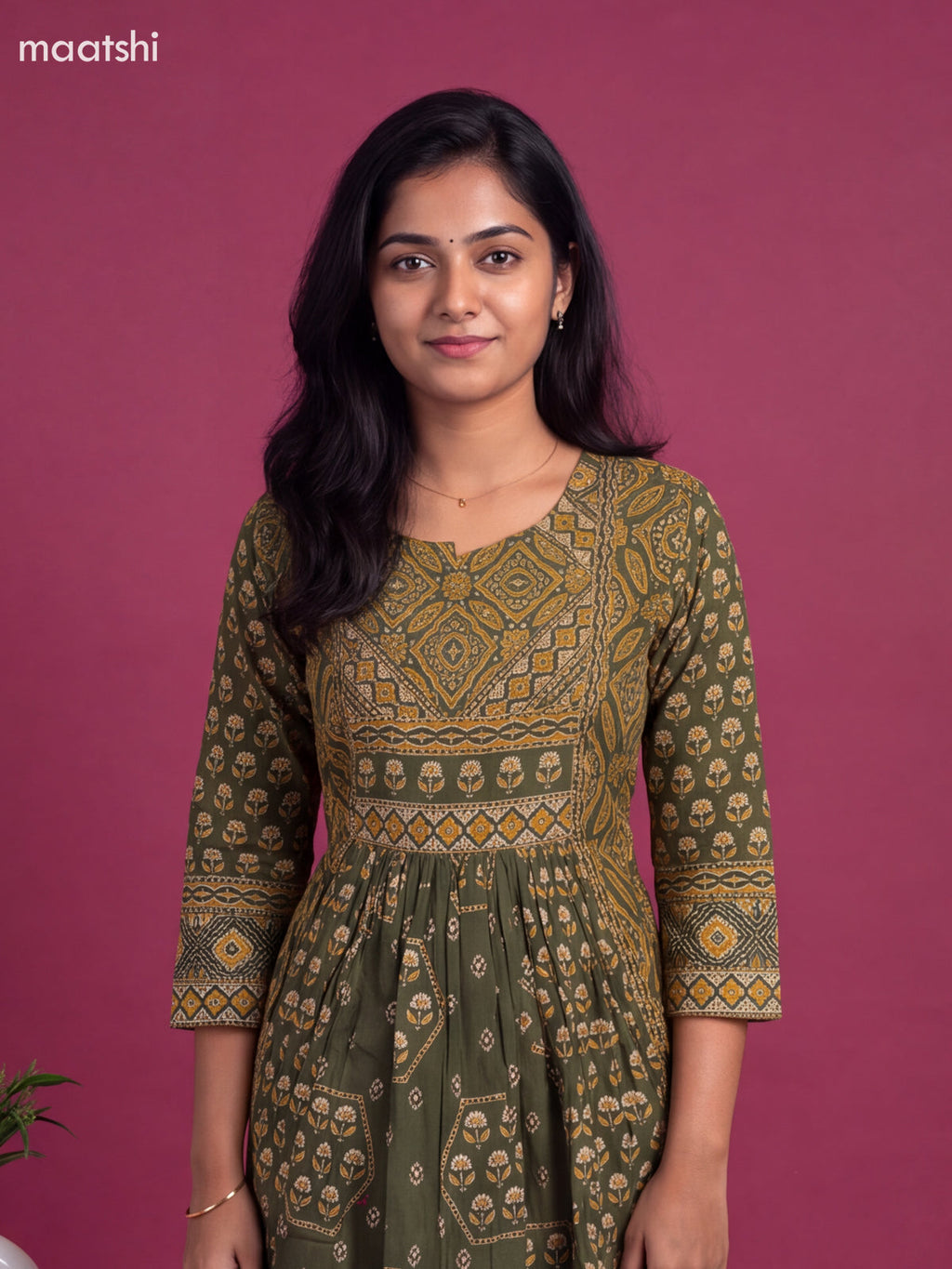 Green Cotton Floral Printed Anarkali Suit