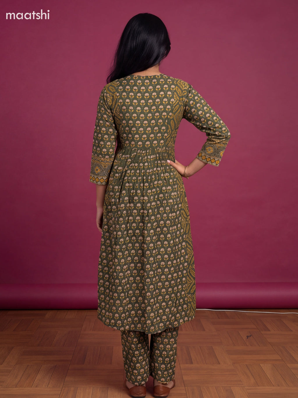 Green Cotton Floral Printed Anarkali Suit