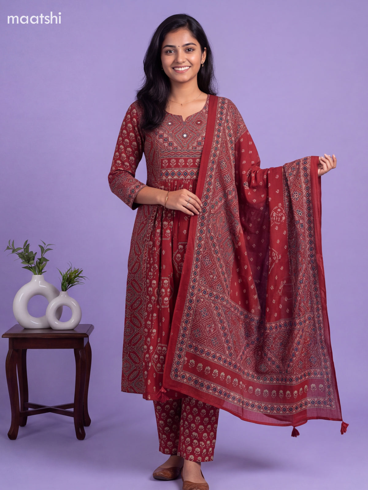 Maroon Cotton Floral Printed Anarkali Suit