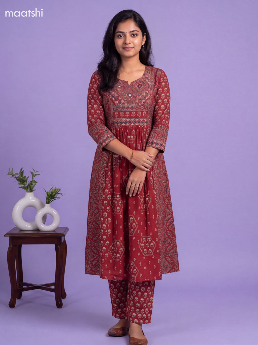Maroon Cotton Floral Printed Anarkali Suit