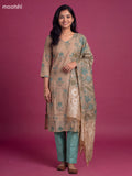 Beige and Teal Green Cotton Embroidery Work Straight Suit