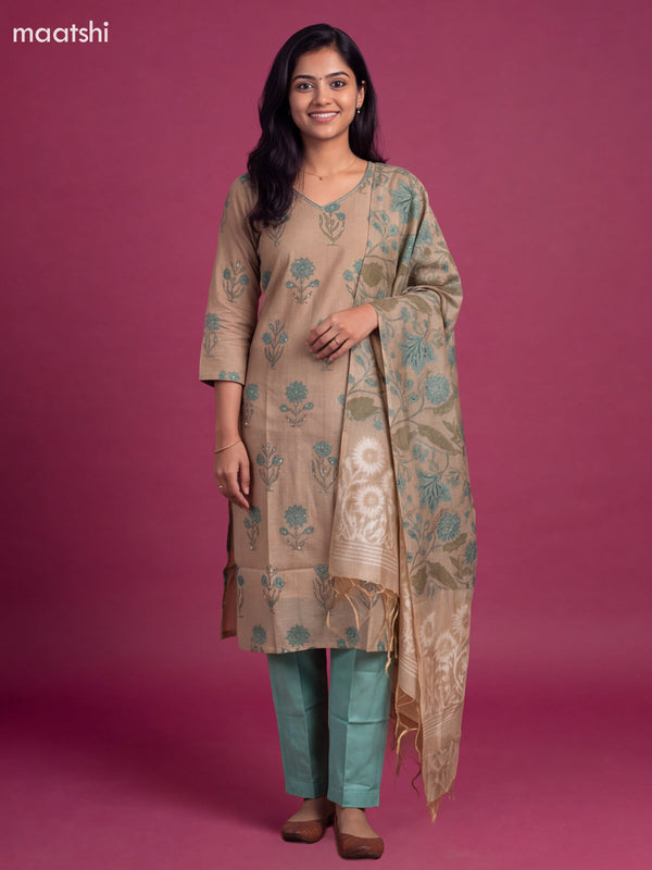 Beige and Teal Green Cotton Embroidery Work Straight Suit