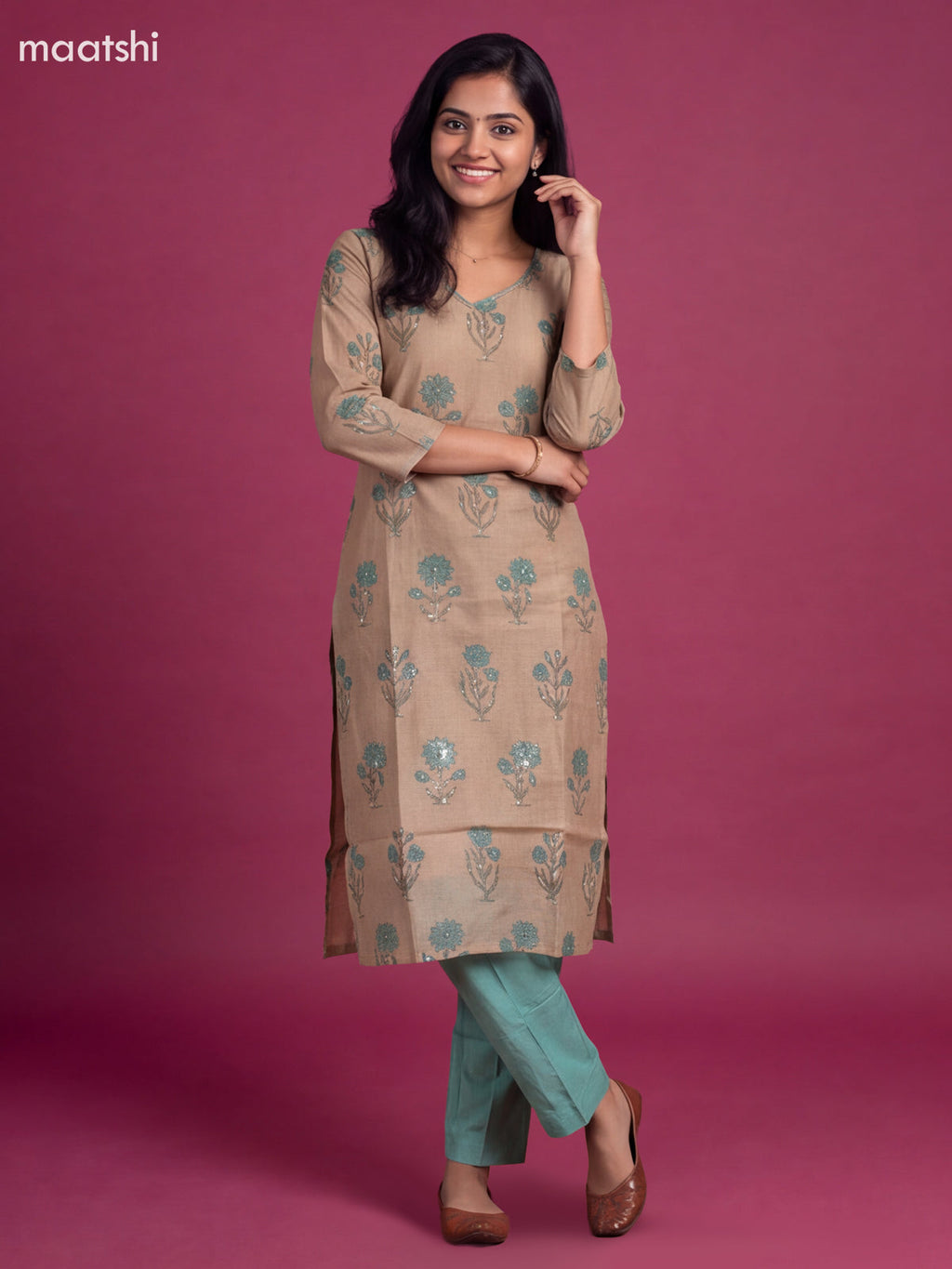 Beige and Teal Green Cotton Embroidery Work Straight Suit
