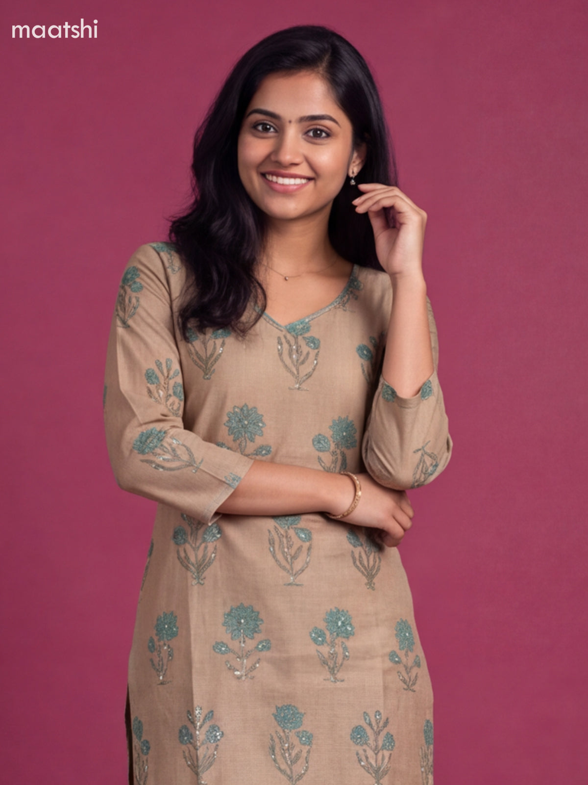 Beige and Teal Green Cotton Embroidery Work Straight Suit