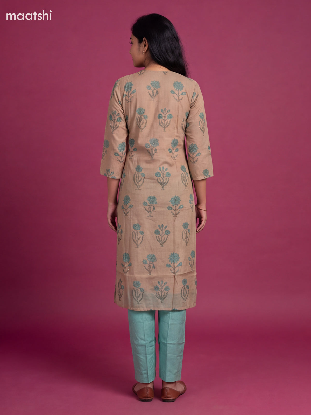 Beige and Teal Green Cotton Embroidery Work Straight Suit