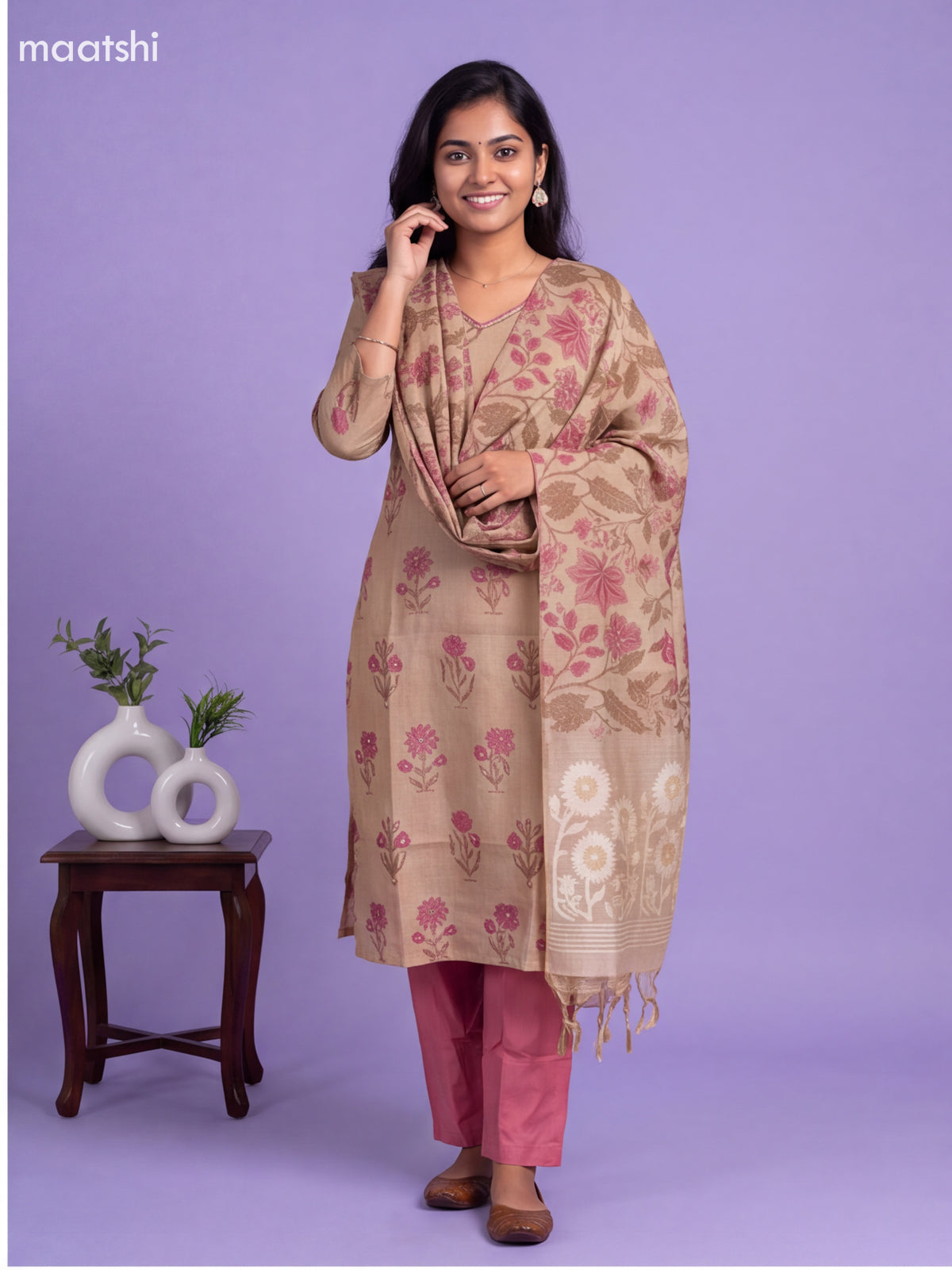 Beige and Pink Cotton Floral Printed & Embroidery Work Straight Suit