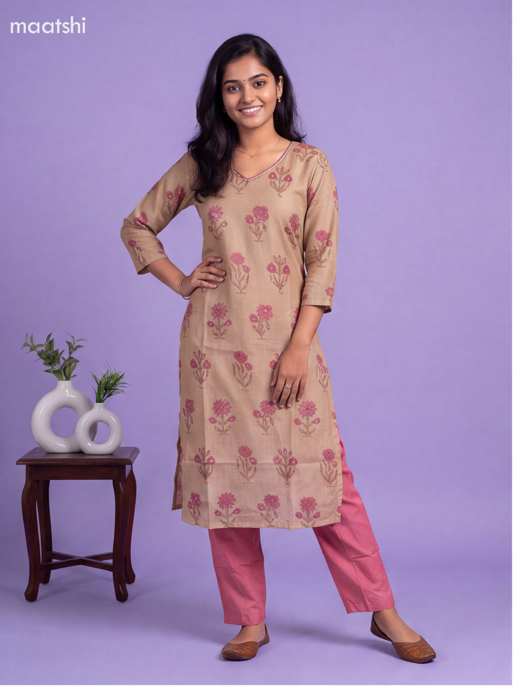 Beige and Pink Cotton Floral Printed & Embroidery Work Straight Suit