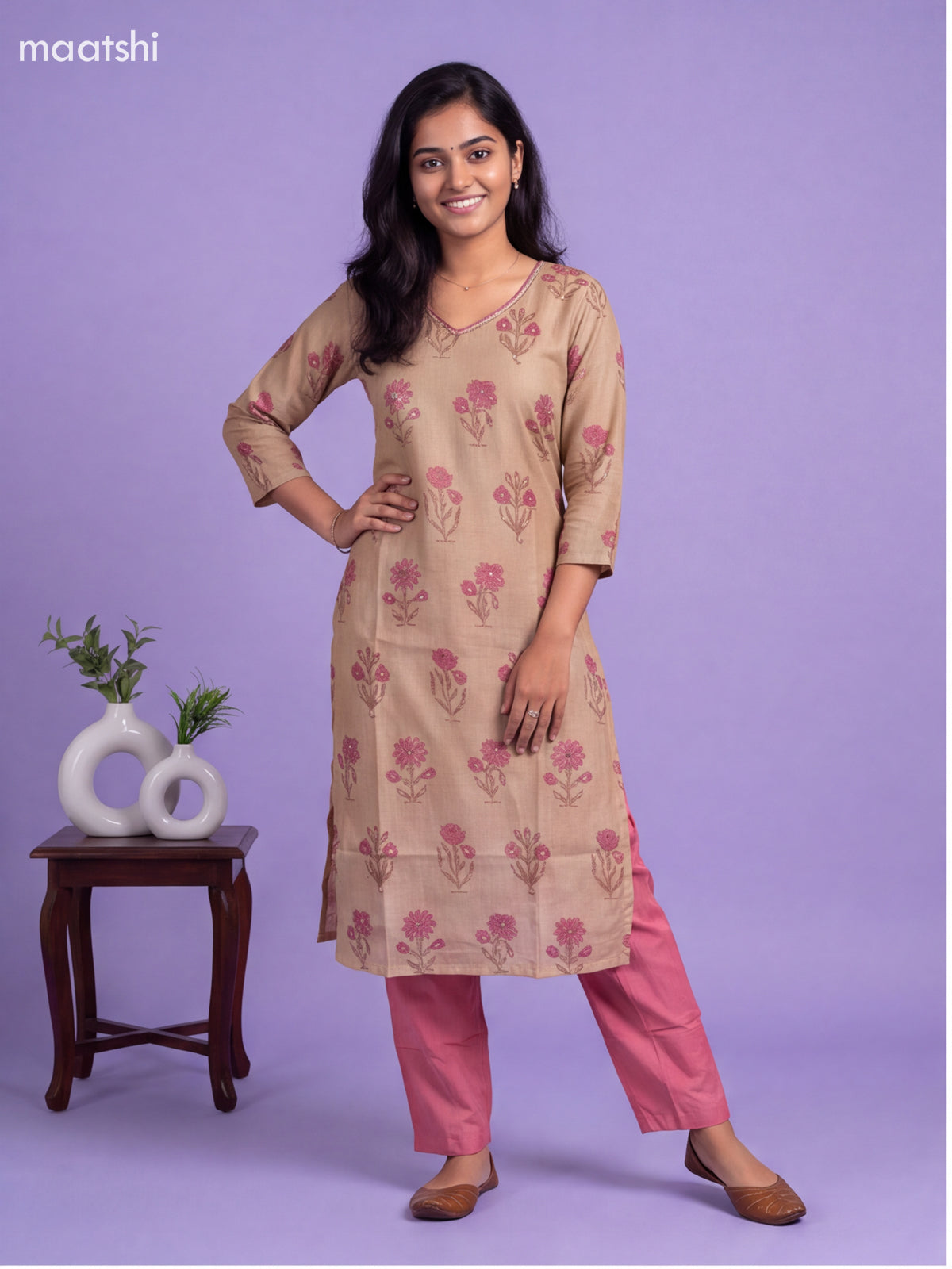 Beige and Pink Cotton Floral Printed & Embroidery Work Straight Suit