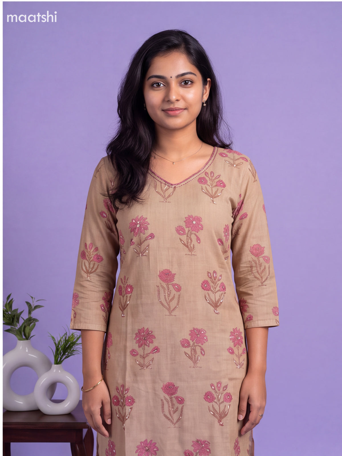 Beige and Pink Cotton Floral Printed & Embroidery Work Straight Suit