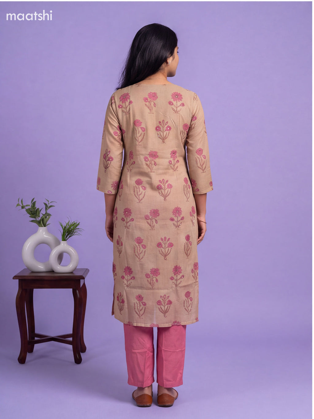 Beige and Pink Cotton Floral Printed & Embroidery Work Straight Suit