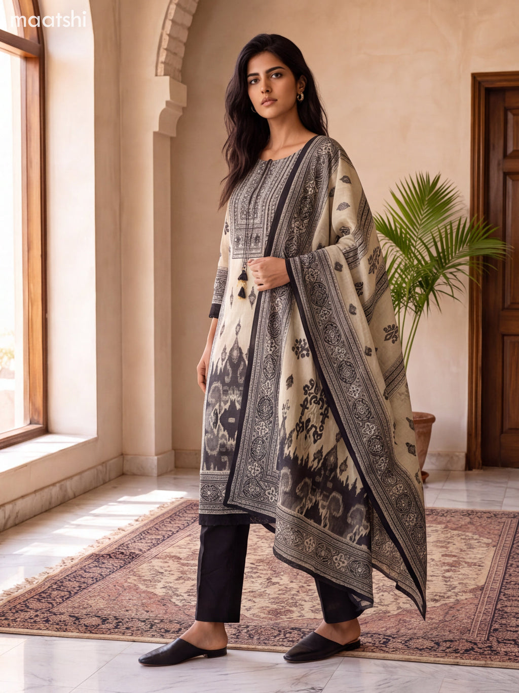 Beige and Black Chanderi Ikat Weaves Straight Suit