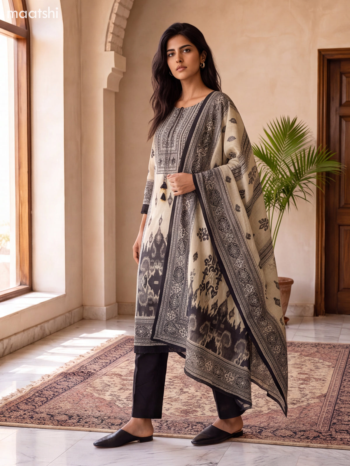 Beige and Black Chanderi Ikat Weaves Straight Suit