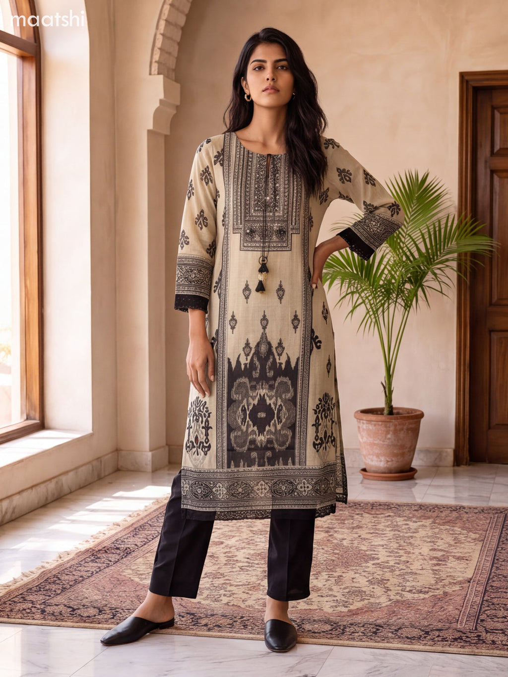 Beige and Black Chanderi Ikat Weaves Straight Suit