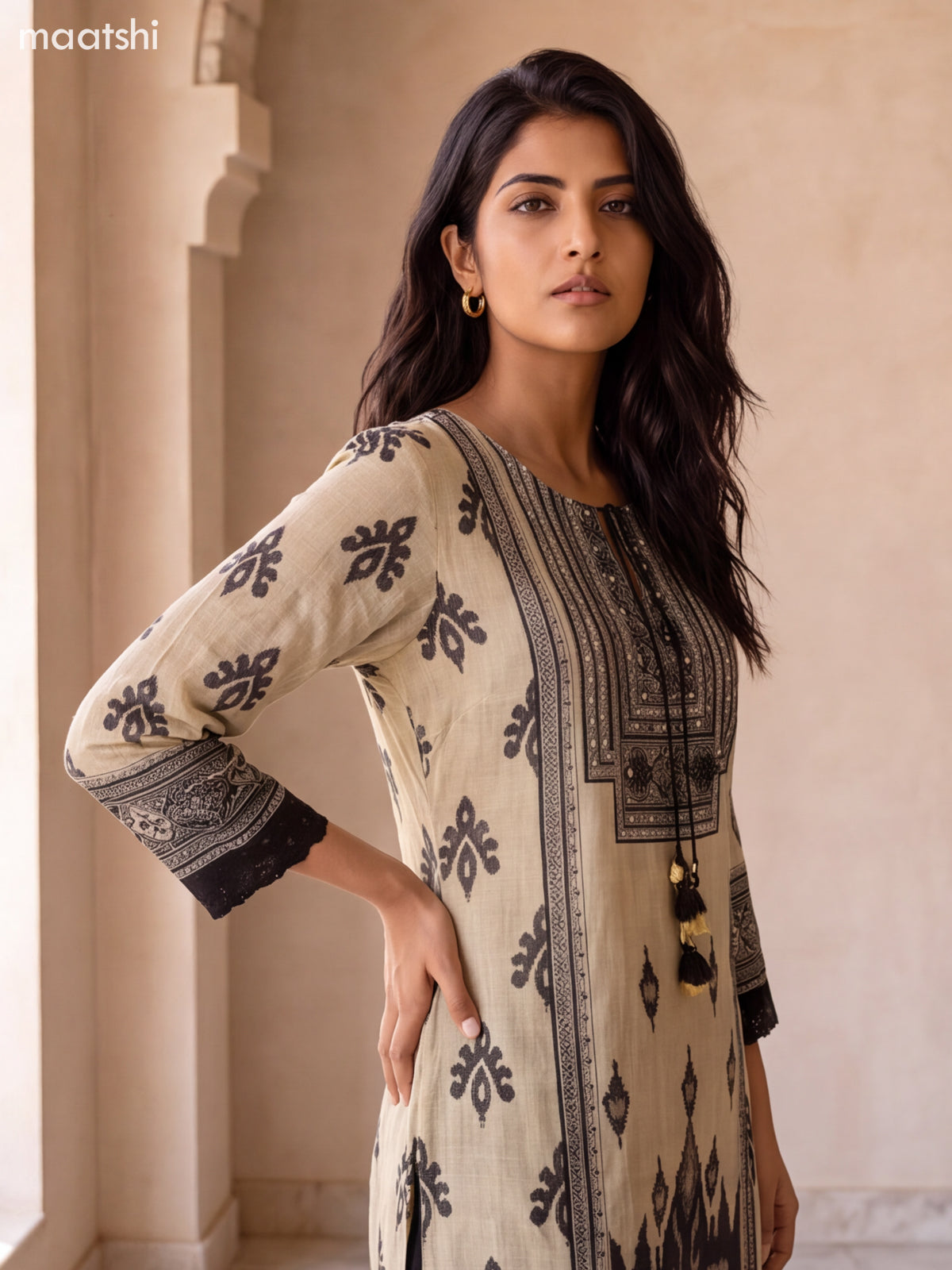 Beige and Black Chanderi Ikat Weaves Straight Suit
