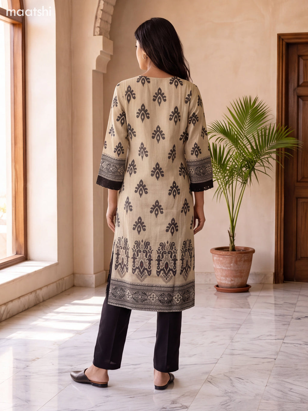 Beige and Black Chanderi Ikat Weaves Straight Suit