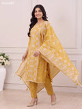 Mustard Yellow Tissue Linen Embroidery Work Straight Suit