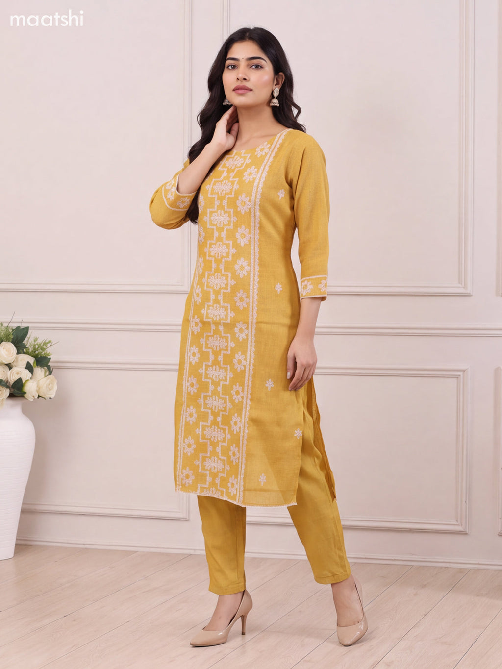 Mustard Yellow Tissue Linen Embroidery Work Straight Suit