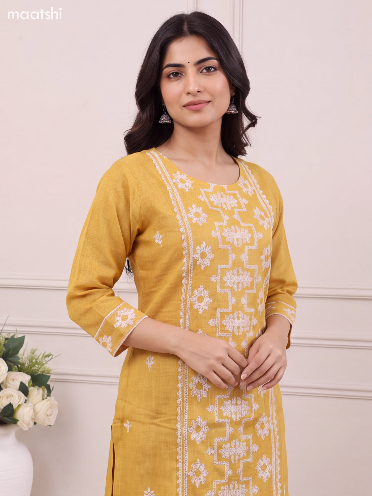 Mustard Yellow Tissue Linen Embroidery Work Straight Suit