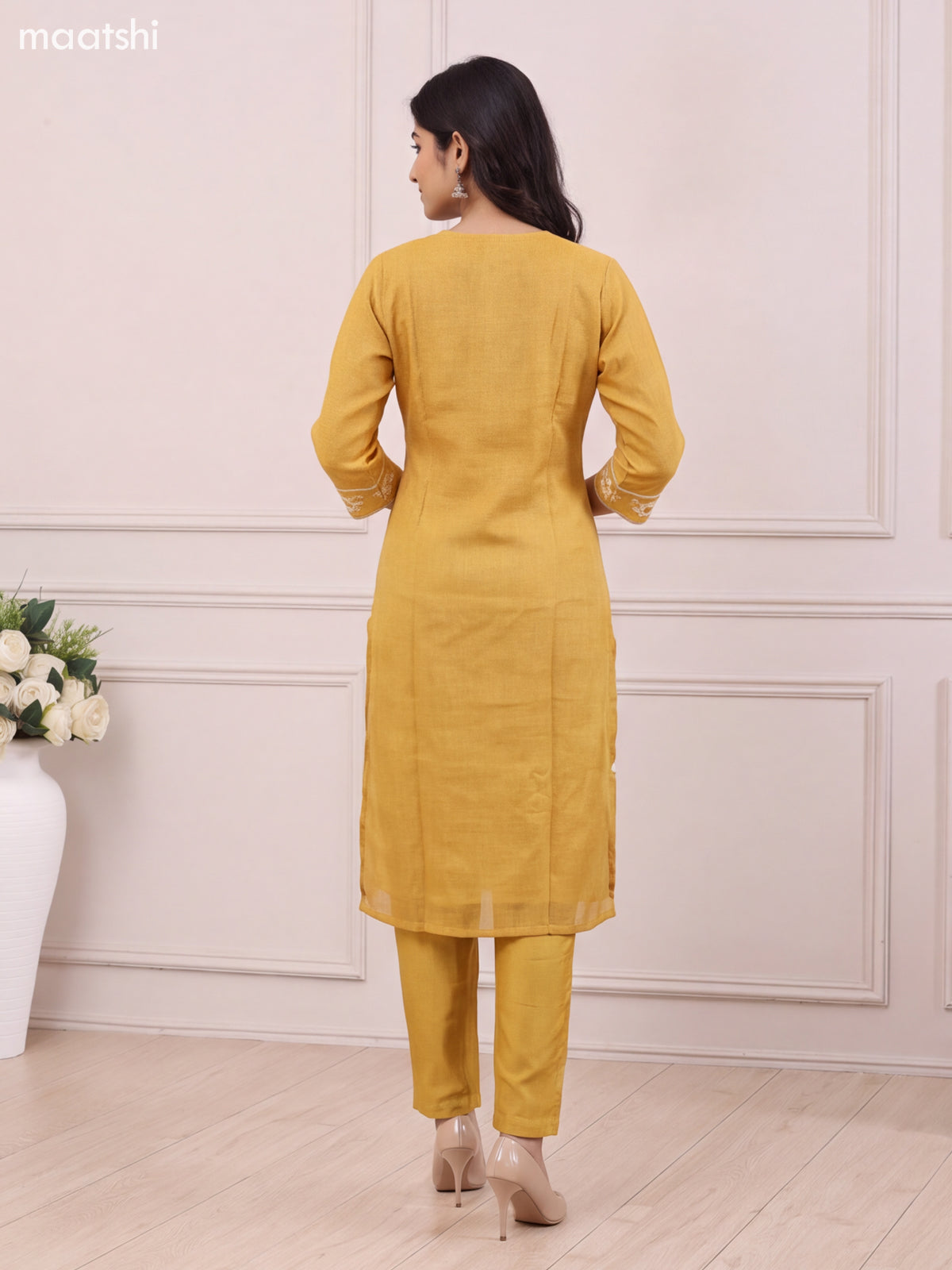 Mustard Yellow Tissue Linen Embroidery Work Straight Suit
