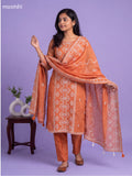 Rustic Orange Tissue Linen Embroidery Work Straight Suit